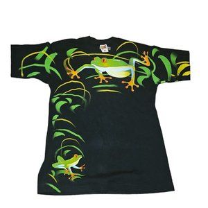 VTG Fruit of the Loom Tree Frog Tshirt All over Print Black Large Single Stitch